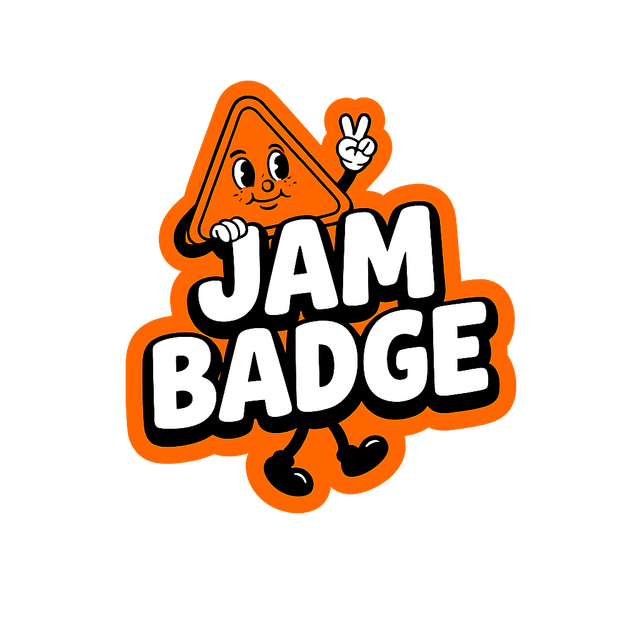 JAMBADGE logo — cartoon warning-triangle mascot